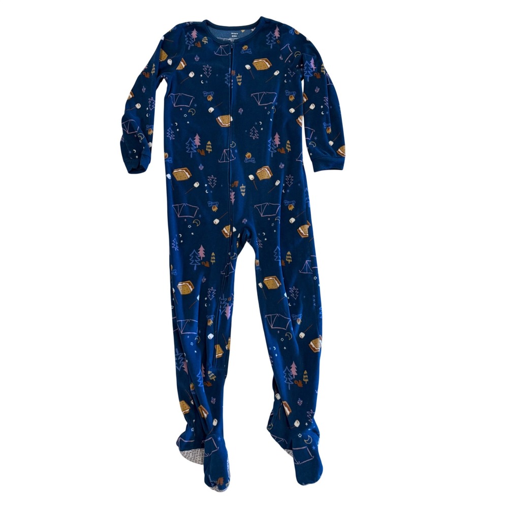 Carters Kids Blue Fleece‎ Footed Pajamas Smores Camping Print Child Size 8
